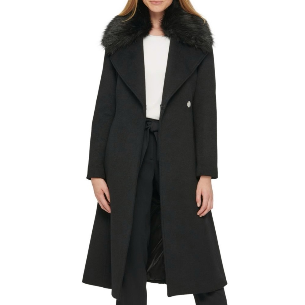 Karl Lagerfeld Black Coat with Removable Faux Fur Collar (Missing Belt)